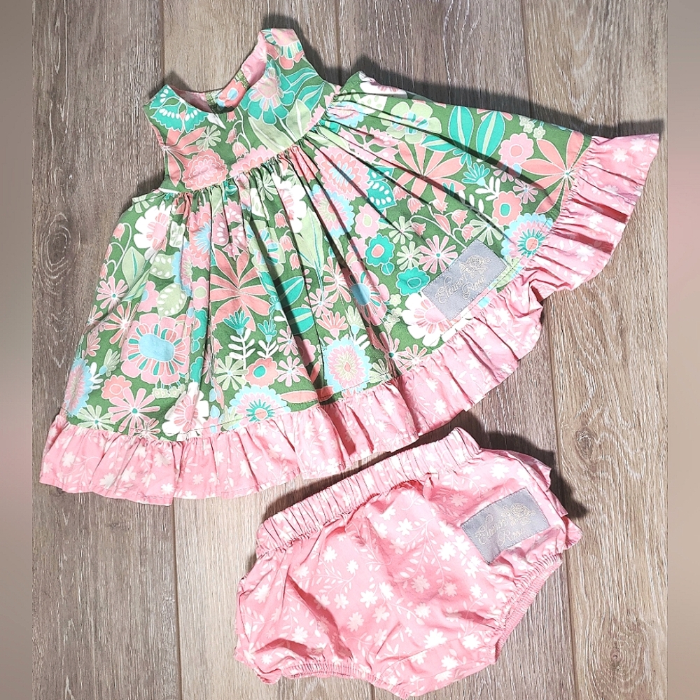 Eleanor Rose baby's pastel floral print gathered, ruffled sundress. 3 months